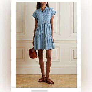 Veronica Beard Harrow Tiered Chambray Mini Shirt Dress